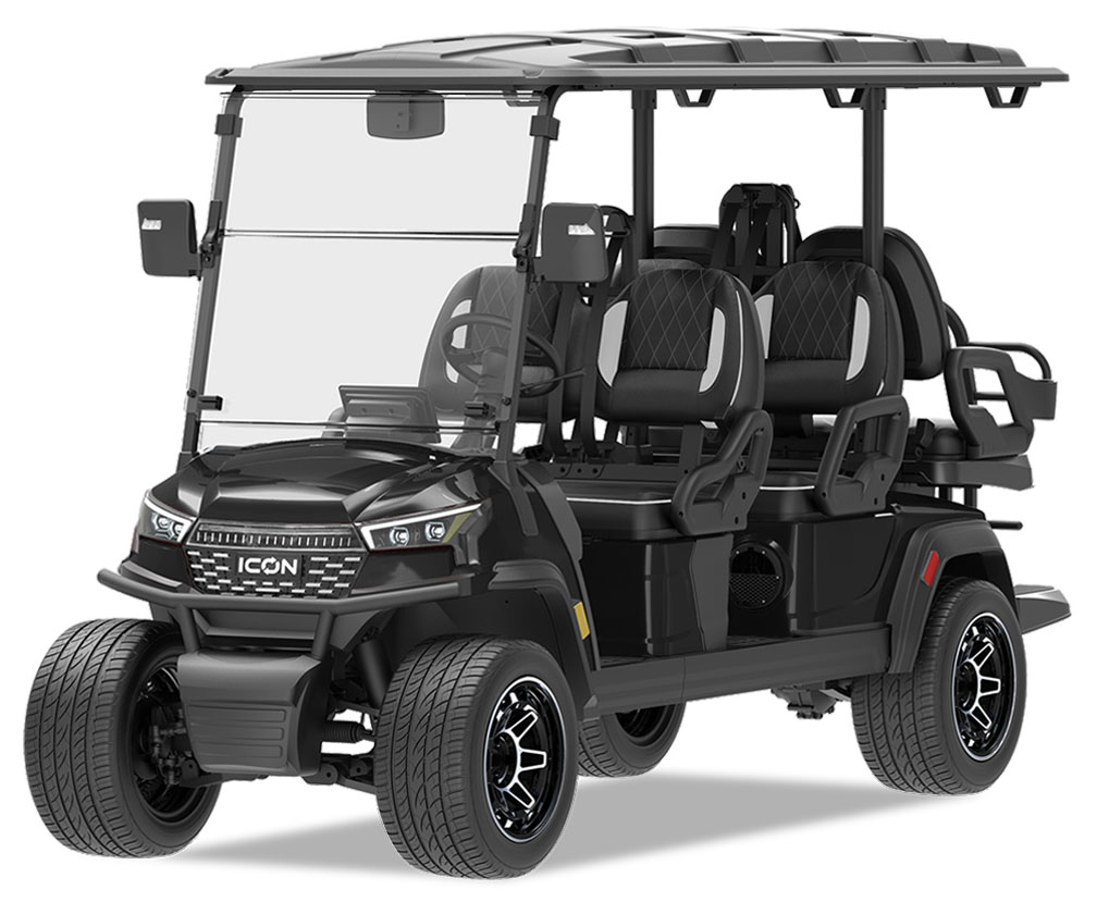 2026 ICON i60LX black six-seater street legal cart with black diamond-stitch seats and machined alloy wheels