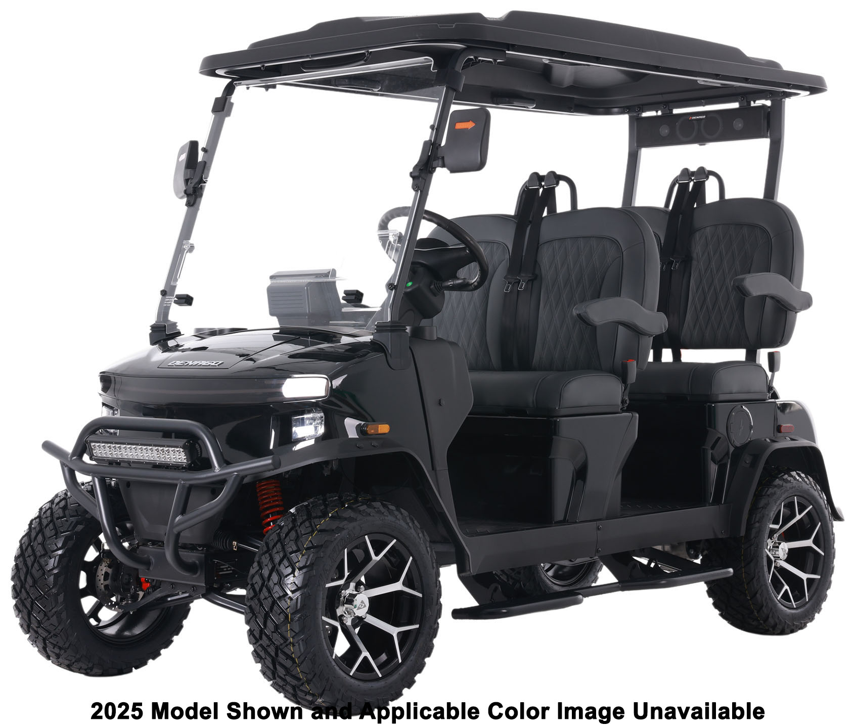 2026 Denago EV Rover XL black six-seater street legal cart with black diamond-stitch seats and a lifted off-road stance