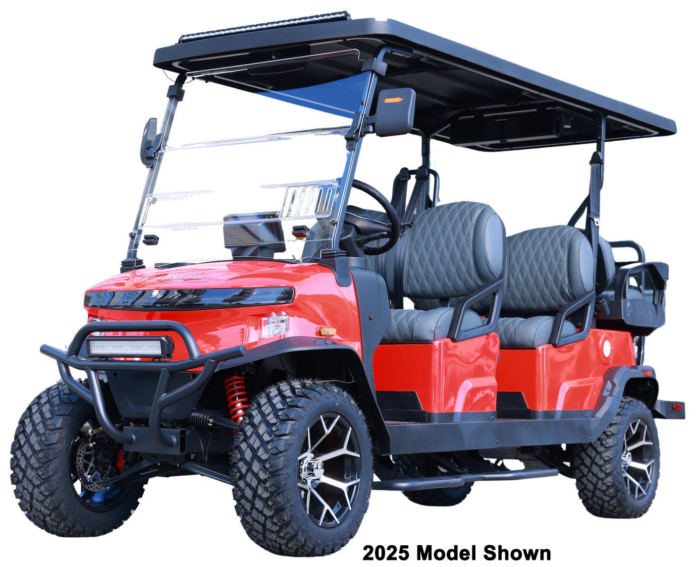 2026 Denago EV Rover XL 6 red six-seater street legal cart with black diamond-stitch seats and a lifted off-road stance