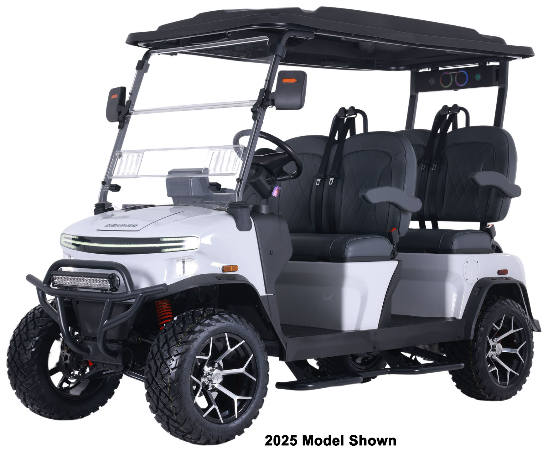 2026 Denago EV Rover XL white street legal cart with black diamond-stitch seats and a lifted off-road stance